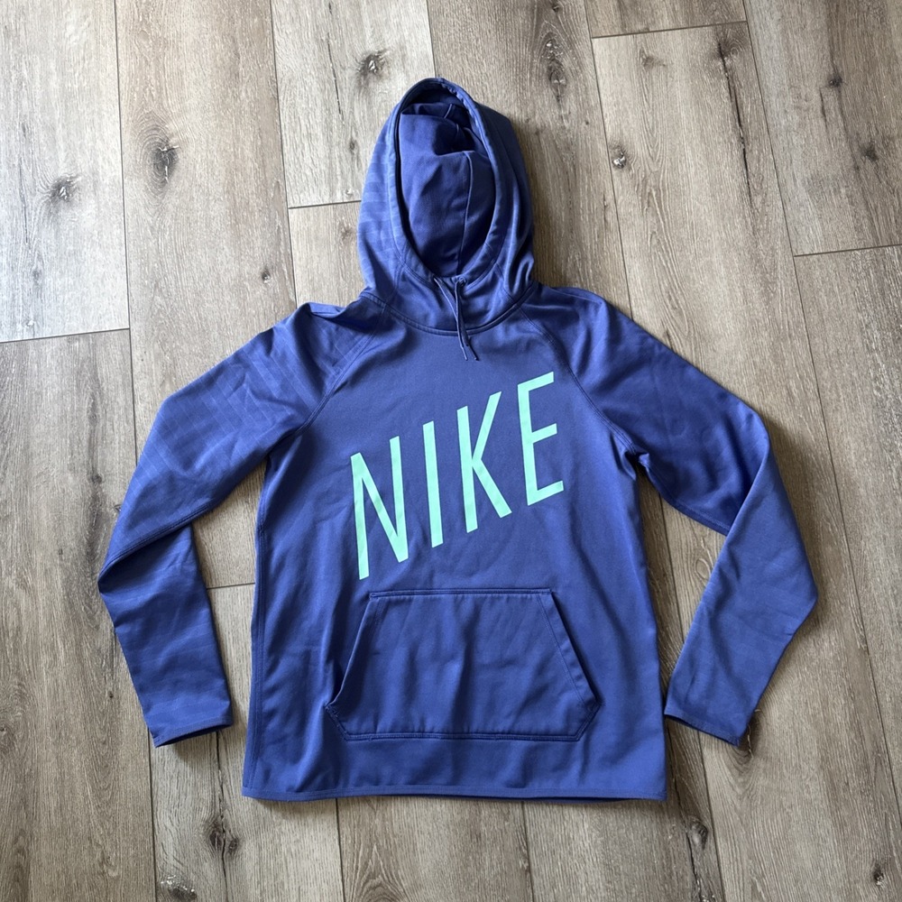 Nike Sweatshirt Womens Medium Hoodie Fleece Blue Purple Pouch w Spell Out Logo